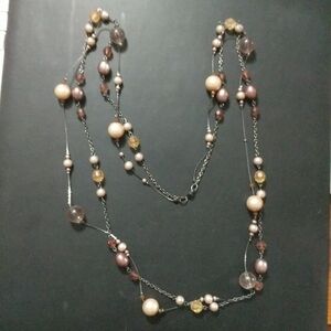Gunmetal Black Cream and Mauve Glass Beaded Multi Strand Statement Necklace